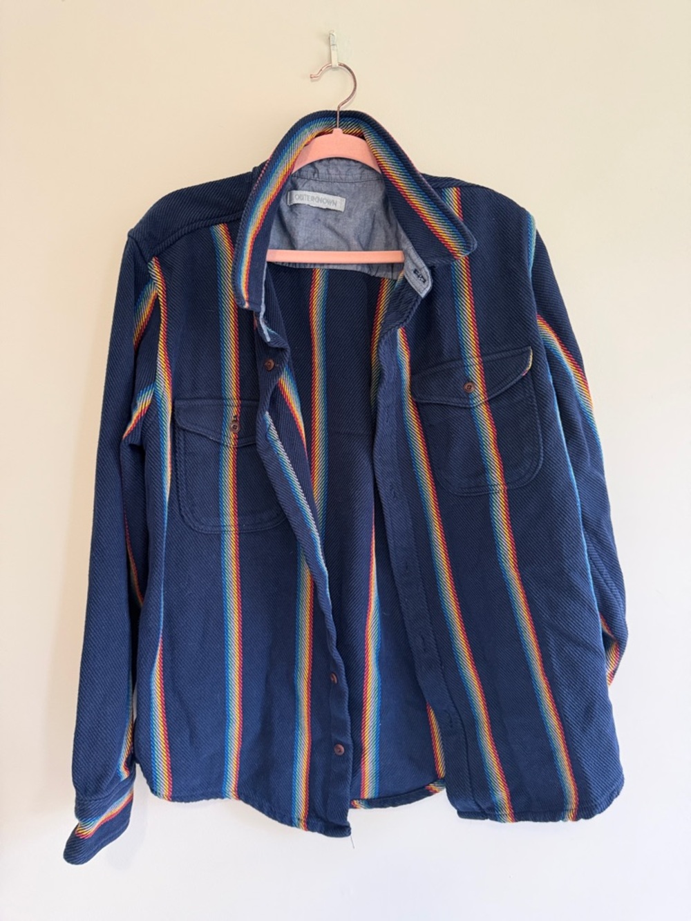 Outerknown Navy Button-Down Shirt with Rainbow Stripe Detail